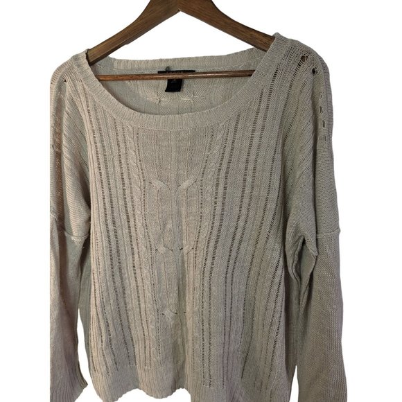 Scoop NYC open weave cable knit 100% linen dropped shoulder tan boho sweater szM - Picture 2 of 9
